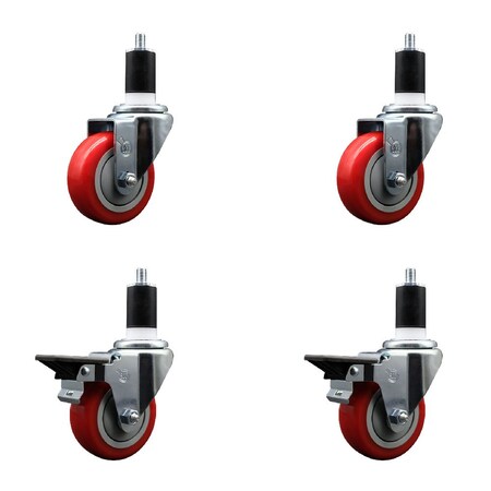 Service Caster 3.5'' Red Poly Wheel Swivel 1-1/2'' Expanding Stem Caster Set 2 Brakes, 4PK SCC-EX20S3514-PPUB-RED-2-PLB-2-112
